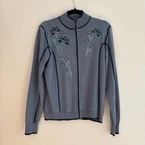 Cabela's Merino Wool Blend Blue Floral Mock Neck Sweater Zip Minimalist Medium